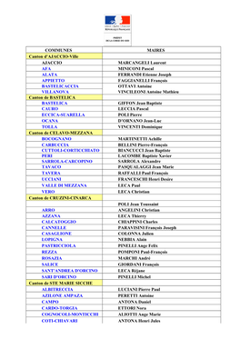 COMMUNES MAIRES Canton D'ajaccio-Ville AJACCIO MARCANGELI Laurent AFA MINICONI Pascal ALATA FERRANDI Etienne Joseph APPIETTO