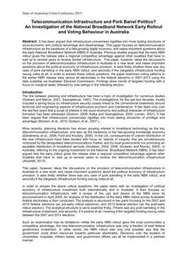 Telecommunication Infrastructure and Pork Barrel Politics? an Investigation of the National Broadband Network Early Rollout and Voting Behaviour in Australia