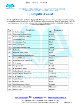 Jnanpith Award * *