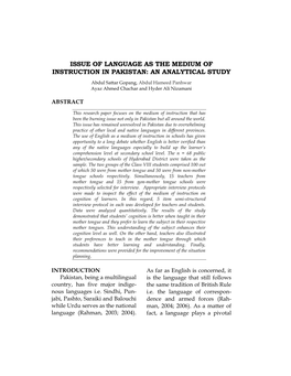 Issue of Language As the Medium of Instruction in Pakistan: an Analytical Study
