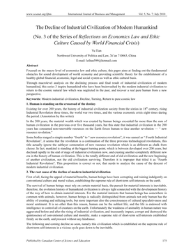 The Decline of Industrial Civilization of Modern Humankind (No. 3 of the Series of Reflections on Economics Law and Ethic Culture Caused by World Financial Crisis)