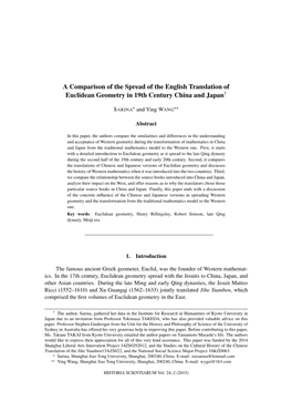 A Comparison of the Spread of the English Translation of Euclidean Geometry in 19Th Century China and Japan†