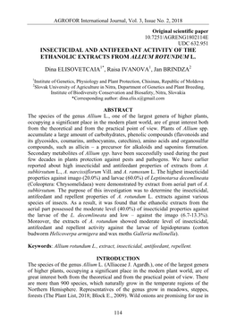 Insecticidal and Antifeedant Activity of the Ethanolic Extracts from Allium Rotundum L