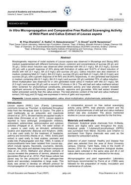 In Vitro Micropropagation and Comparative Free Radical Scavenging Activity of Wild Plant and Callus Extract of Leucas Aspera