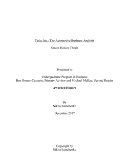 Tesla, Inc.: the Automotive Business Analysis Senior Honors Thesis