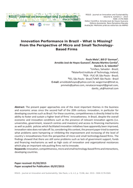 Innovation Performance in Brazil–What Is Missing? from The