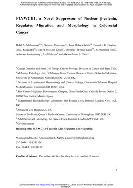 FLYWCH1, a Novel Suppressor of Nuclear Β-Catenin, Regulates Migration and Morphology in Colorectal Cancer