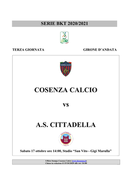 COSENZA CALCIO Vs A.S. CITTADELLA