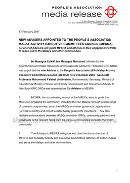 MESRA) a Panel of Advisers Will Guide MESRA and MAECS in Their Engagement Efforts to Reach out to the Malays and Other Communities