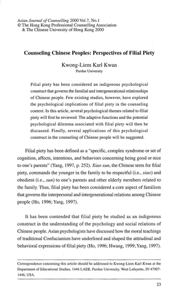 Counseling Chinese Peoples: Perspectives of Filial Piety Kwong