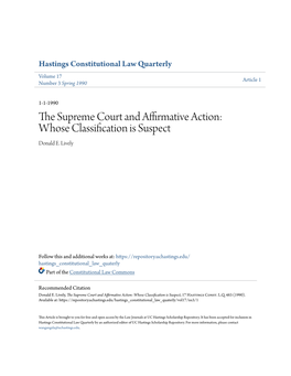 The Supreme Court and Affirmative Action: Whose Classification Is Suspect, 17 Hastings Const