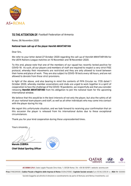 TO the ATTENTION OF: Football Federation of Armenia