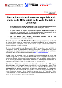 Afectacions Viàries I Mesures Especials Amb Motiu De La 100A Edició De La Volta Ciclista a Catalunya