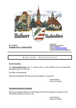 Nr. 07/2015 Ausgabe Vom 11. Februar 2015 a Mtliche