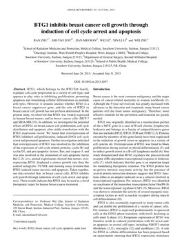 BTG1 Inhibits Breast Cancer Cell Growth Through Induction of Cell Cycle Arrest and Apoptosis