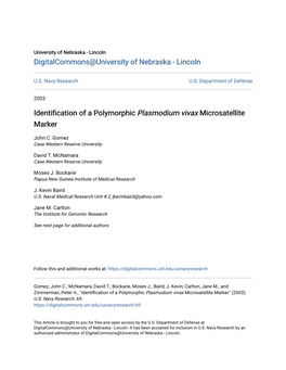 Identification of a Polymorphic Plasmodium Vivax Microsatellite Marker