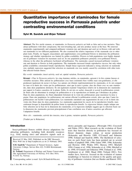 Quantitative Importance of Staminodes for Female Reproductive Success in Parnassia Palustris Under Contrasting Environmental Conditions