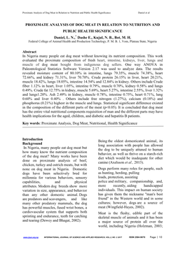 Proximate Analysis of Dog Meat in Relation to Nutrition and Public Health Significance Daniel Et Al