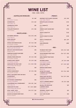 Wine List 150Ml / 250Ml / Bottle