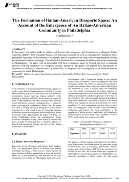 The Formation of Italian-American Diasporic Space: an Account of the Emergence of an Italian-American Community in Philadelphia Hechen Liu1,A
