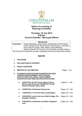 Notice of a Meeting of Planning Committee Thursday, 18 July 2013