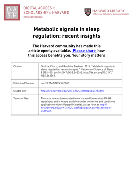 Metabolic Signals in Sleep Regulation: Recent Insights