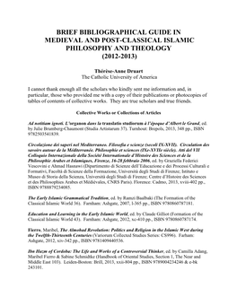 Brief Bibliographic Guide in Medieval Islamic Philosophy and Theology