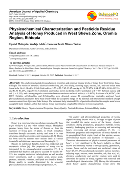 Physicochemical Characterization and Pesticide Residue Analysis of Honey Produced in West Shewa Zone, Oromia Region, Ethiopia