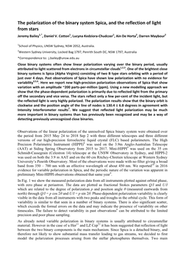 The Polarization of the Binary System Spica, and the Reflection of Light from Stars Jeremy Bailey1,*, Daniel V