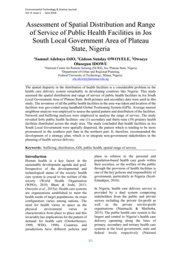 Assessment of Spatial Distribution and Range of Service of Public Health Facilities in Jos South Local Government Area of Plateau State, Nigeria