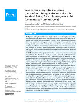 Taxonomic Recognition of Some Species-Level Lineages Circumscribed in Nominal Rhizoplaca Subdiscrepans S. Lat. (Lecanoraceae, Ascomycota)