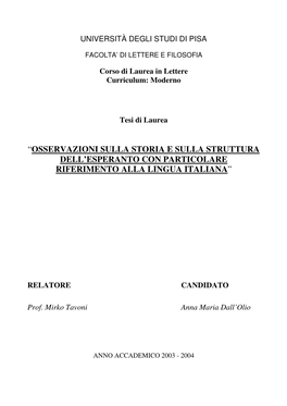 “Osservazioni Sulla Storia E Sulla Struttura Dell’Esperanto Con Particolare Riferimento Alla Lingua Italiana ”