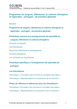 Programme De Langues, Littératures Et Cultures Étrangères Et Régionales - Portugais - De Première Générale