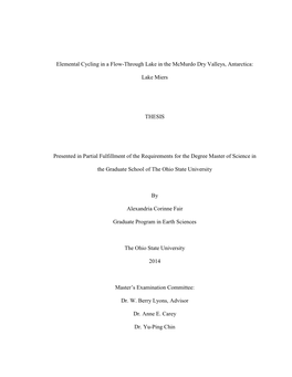 Elemental Cycling in a Flow-Through Lake in the Mcmurdo Dry Valleys, Antarctica