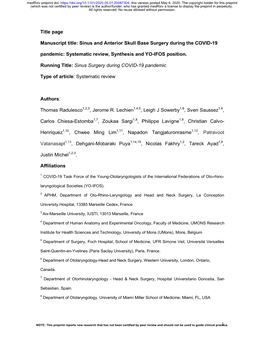 Sinus and Anterior Skull Base Surgery During the COVID-19 Pandemic