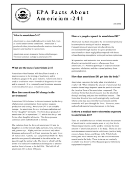 Fact Sheet: Epa Facts About Americium-241