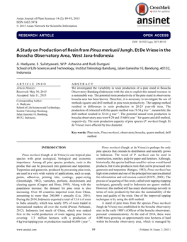 A Study on Production of Resin from Pinus Merkusii Jungh. Et De Vriese in the Bosscha Observatory Area, West Java-Indonesia