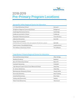 Pre-Primary Program Locations