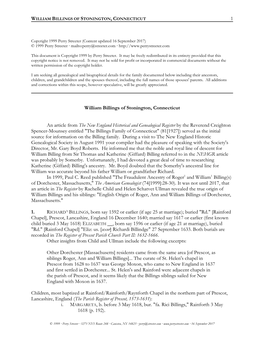 1 William Billings of Stonington, Connecticut an Article from the New England Historical and Genealogical Register by the Revere