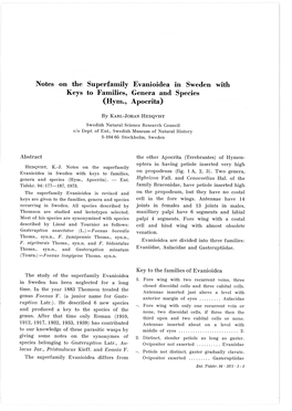 Notes on the Superfamily Evanioidea in Sweden with Keys to Families, Genera and Species (Hym., Apocrita)