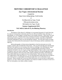 NGC-6826 (Caldwell 15), the Blinking Planetary Introduction the Purpose of the Observer’S Challenge Is to Encourage the Pursuit of Visual Observing