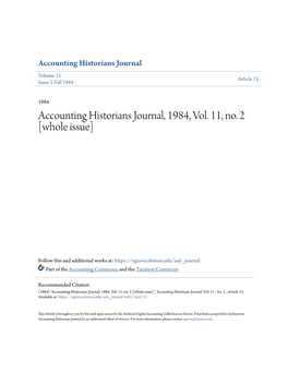 Accounting Historians Journal, 1984, Vol. 11, No. 2 [Whole Issue]