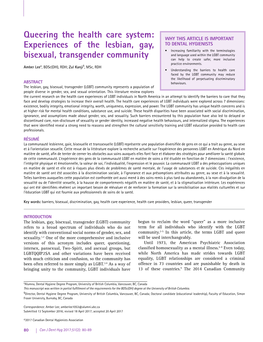 Queering the Health Care System: Experiences of the Lesbian, Gay, Bisexual, Transgender Community