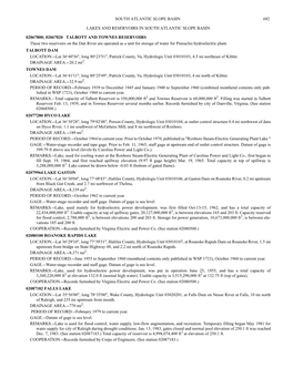 02067820 TALBOTT and TOWNES RESERVOIRS These Two Reservoirs on the Dan River Are Operated As a Unit for Storage of Water for Pinnacles Hydroelectric Plant