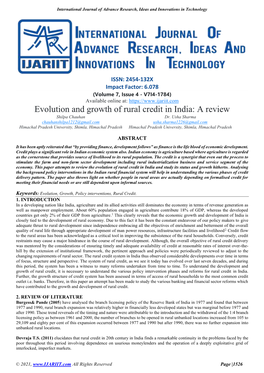 Evolution and Growth of Rural Credit in India: a Review Shilpa Chauhan Dr