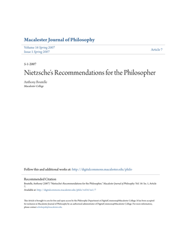 Nietzsche's Recommendations for the Philosopher Anthony Boutelle Macalester College