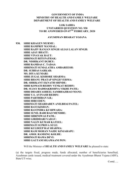 Government of India Ministry of Health and Family Welfare Department of Health and Family Welfare Lok Sabha Unstarred Question No