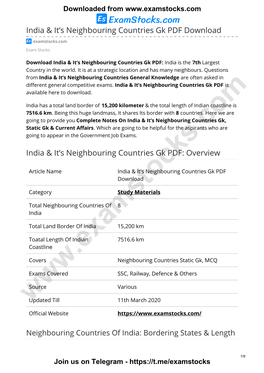 India & It's Neighbouring Countries Gk PDF Download