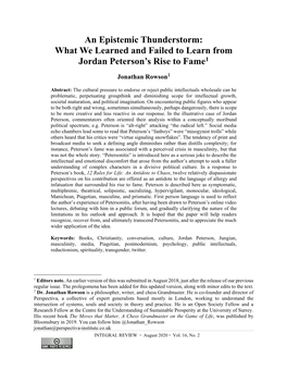 An Epistemic Thunderstorm: What We Learned and Failed to Learn from Jordan Peterson’S Rise to Fame1