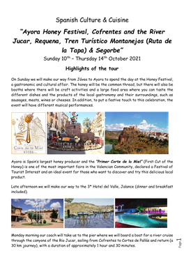 Ayora Honey Festival, Cofrentes and the River Jucar, Requena, Tren Turístico Montanejos (Ruta De La Tapa) & Segorbe” Sunday 10Th – Thursday 14Th October 2021